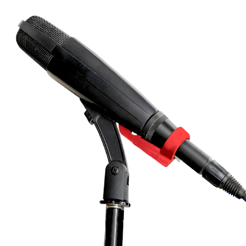 A Sennheiser MD421 microphone with a red MicLock clip arm
